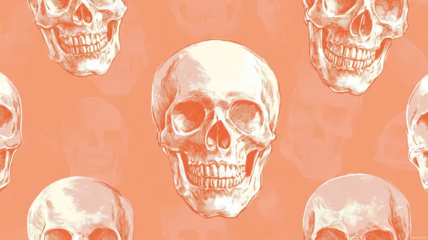 Sketch style skull face repeating on warm peach wallpaper.