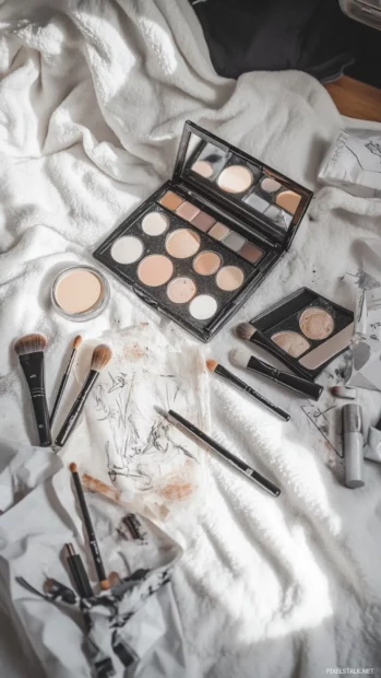 Sketches and makeup palettes scattered across a white blanket.