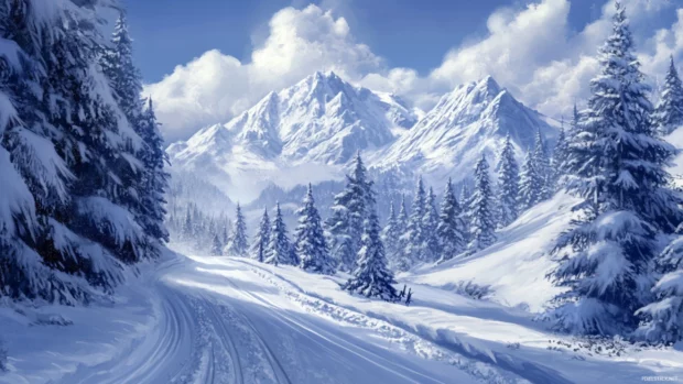 Ski trail vanishing into a snow covered mountain.