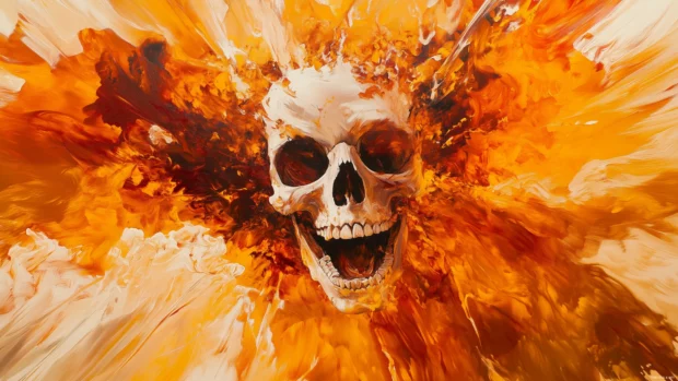 Skull at the heart of a fiery explosion, surrounded by flames, vibrant orange, red, and yellow hues.