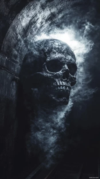 Skull breathing vapor lines against a dark tunnel wall.