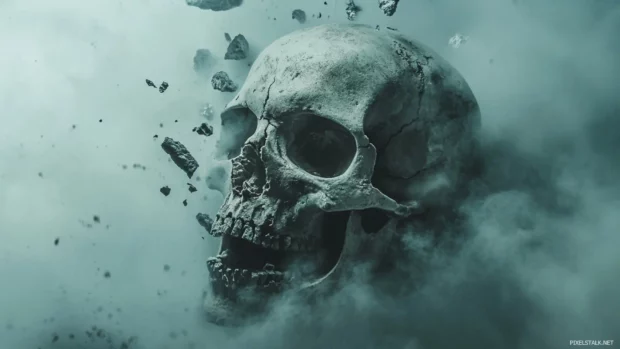 Skull broken into shards drifting in silent fog.