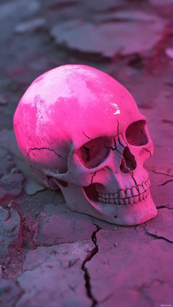 Skull cast in pink light, resting on cracked concrete.