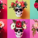Skull characters in grid layout wearing floral crowns and sunglasses.
