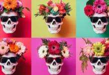 Skull characters in grid layout wearing floral crowns and sunglasses.