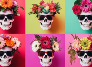 Skull characters in grid layout wearing floral crowns and sunglasses.