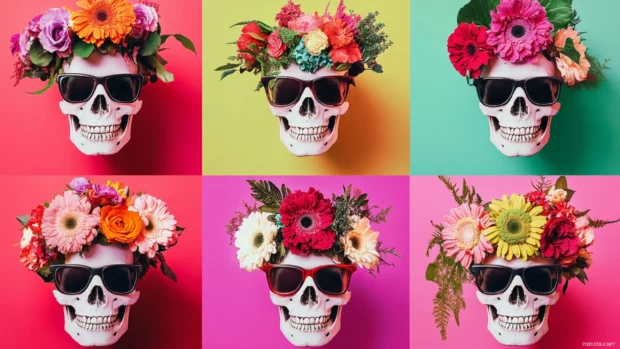 Skull characters in grid layout wearing floral crowns and sunglasses.