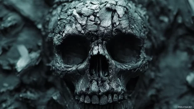 Skull composed from burning charcoal sticks.