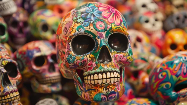 Skull covered in colorful motifs for a Mexican skull wallpaper with cultural flair.