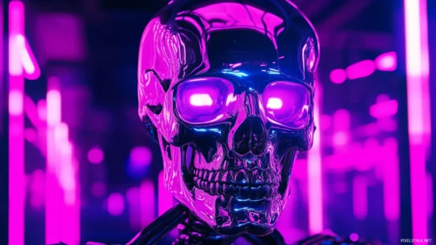 Skull desktop wallpapers HD featuring metallic bones glowing under neon lights.