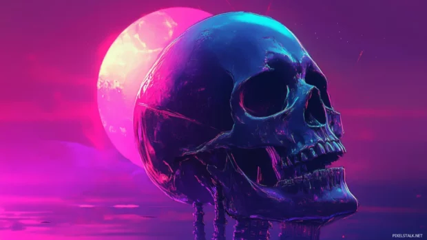 Skull desktop wallpapers HD in vaporwave colors and retro synth elements.