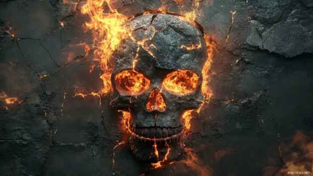 Skull desktop wallpapers HD showing flames and cracked stone textures.
