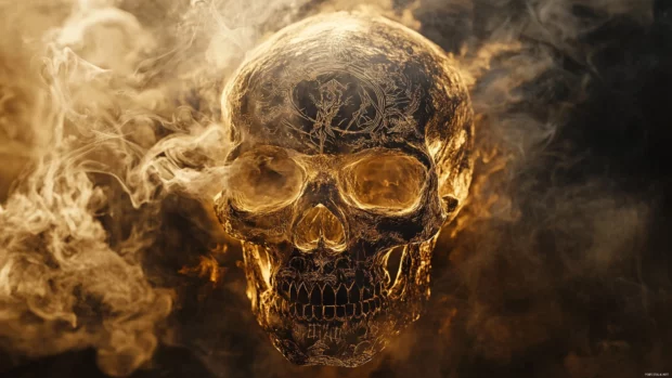 Skull drawn in ancient runes surrounded by smoke tendrils.