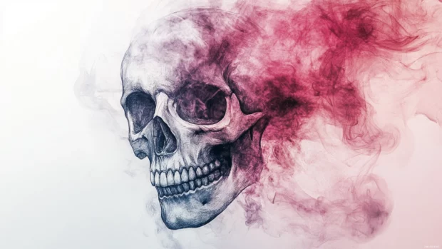 Skull drawn in ink fading into watercolor smoke.