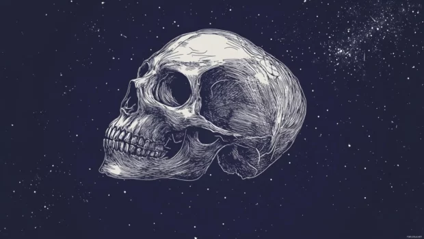 Skull drawn in linework over starry night backdrop.