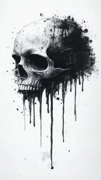 Skull dripping ink as part of surreal melting world.