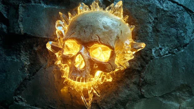 Skull embedded in crystal shards glowing on stone wall.
