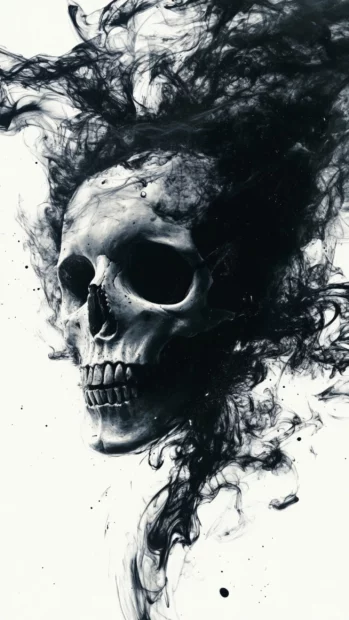 Skull emerging from black ink storm over static noise.