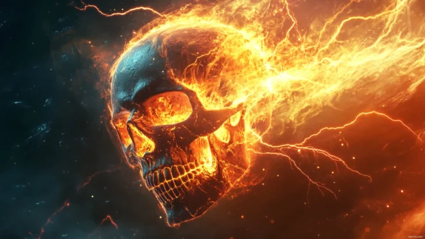 Skull emerging from flame vortex with electric arcs.