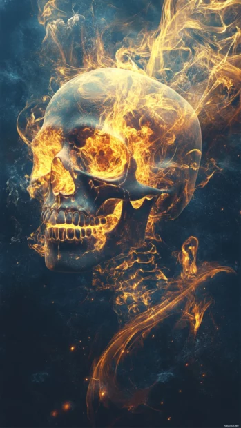 Skull engulfed in abstract flame vortex and golden lines.