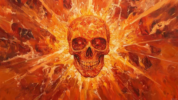 Skull engulfed in fiery explosion, flames encircling it in explosive oranges, reds, and yellows.