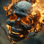 Skull entangled in metallic chains and burning thread.