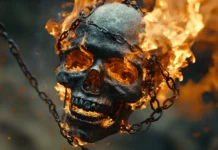 Skull entangled in metallic chains and burning thread.
