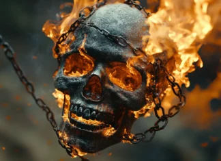 Skull entangled in metallic chains and burning thread.