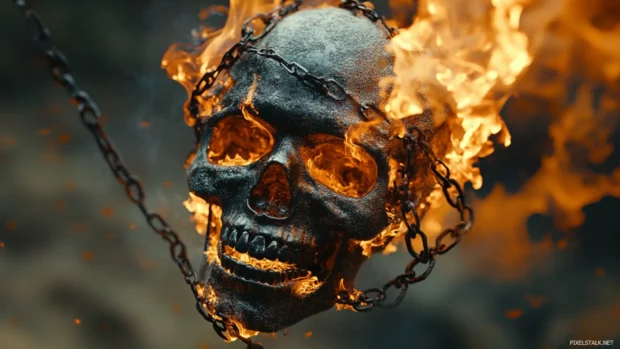 Skull entangled in metallic chains and burning thread.