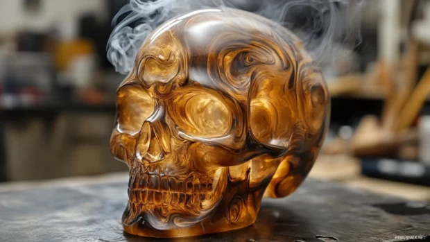 Skull etched in smoke and ember swirls.
