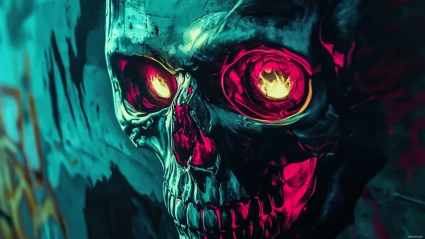 Skull eye sockets glowing with layered type graffiti art.