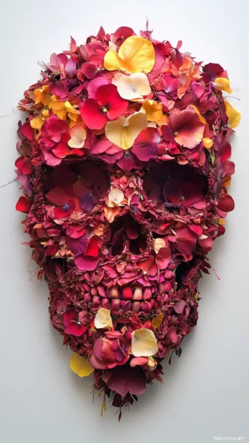 Skull face made from layered flower petals and woven threads.