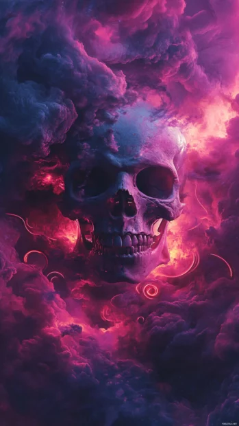 Skull floating above dark clouds and neon swirls.