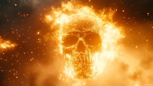 Skull floating in inferno, flames reflecting on the surface, emphasizing fire details.