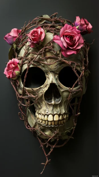 Skull formed from interwoven roses and vine textures.