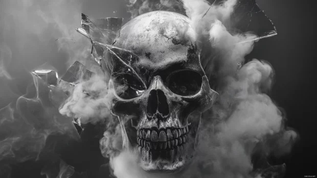 Skull framed in shattered mirror surrounded by grayscale smoke.