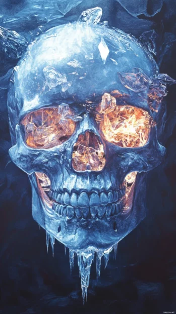 Skull frozen in glowing ice and crystal reflections.