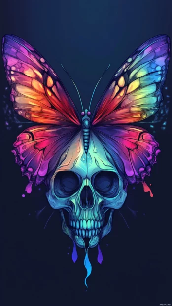 Skull fused with butterfly wings and color gradients.