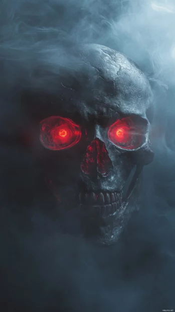 Skull glowing with red eyes and wrapped in foggy mist.