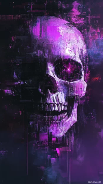 Skull graffiti distorted like a VHS glitch with purple mist.