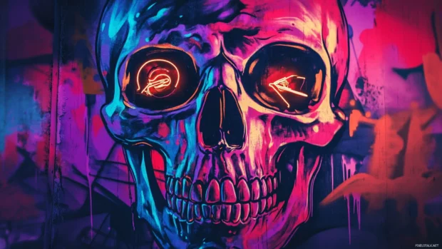 Skull graffiti wallpaper featuring neon glow and urban decay backdrop.