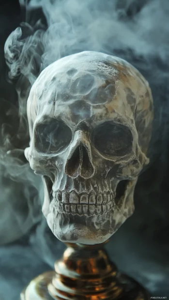 Skull head carved from chalk in a smoky altar glow.