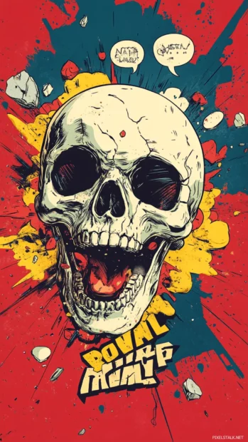 Skull head exploding into comic book tag words.
