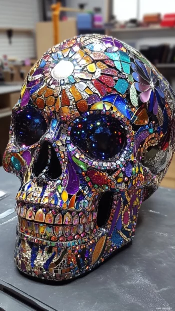 Skull head filled with mosaic patterns and sparkle effects.