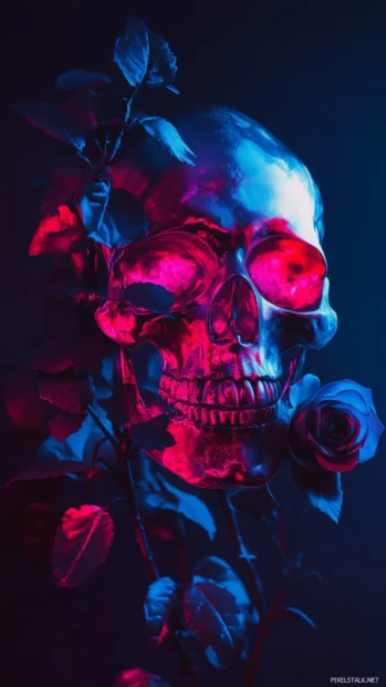 Skull head shining in bright neon hues, Neon skull with roses.