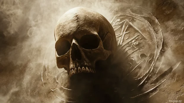 Skull hovering above ancient runes and silver dust trails.