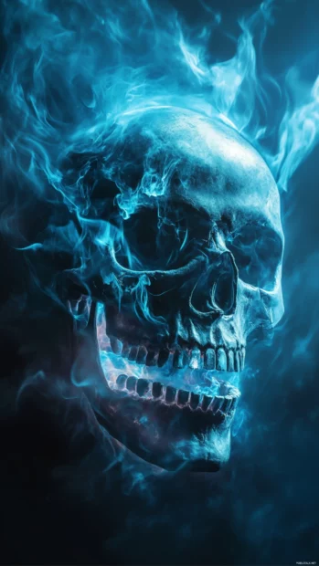Skull iPhone wallpapers and featuring glowing blue flames and mist.