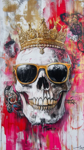 Skull in a gold crown and designer sunglasses, with tattoos and graffiti inspired elements in the background for a true gangster feel.