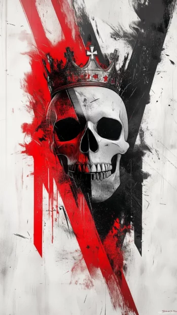 Skull in a sideways crown and a bandana, set against an urban graffiti background with intense shadows and sharp lines.
