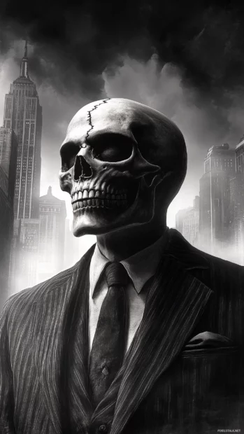 Skull in a suit with a scar over one eye, set in a smoky cityscape, with a noir vibe.
